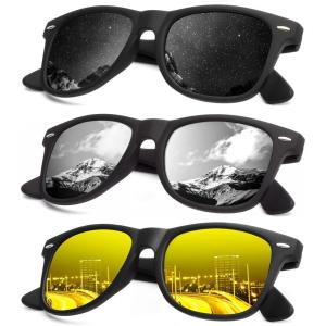 image:imageKALIYADI Polarized Sunglasses for Men and Women Matte Finish Sun glasses Color Mirror Lens UV Blocking 3 PackBlackSliverNight Vision