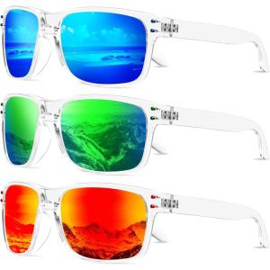 image:imageKALIYADI Polarized Sunglasses for Men and Women Vintage Style Sun Glasses for Fishing Running Driving with UV Protection3 Pack Clear Frame GreenDark BlueRed