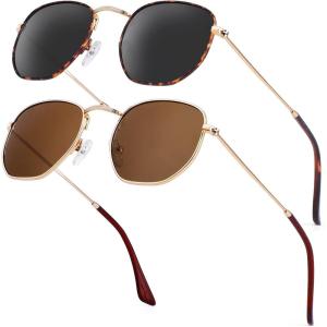 image:imageKALIYADI Sunglasses for Women and Men Polarized Square UV Protection Trendy Metal Frame Hexagon SunglassesB9 2 Pack LeopardGrey  GoldBrown